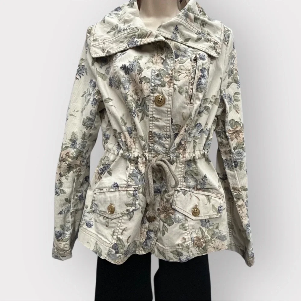 Anthropologie Jacket Women 12 Blue Cream Floral Canvas Coastal Capsule Brunch